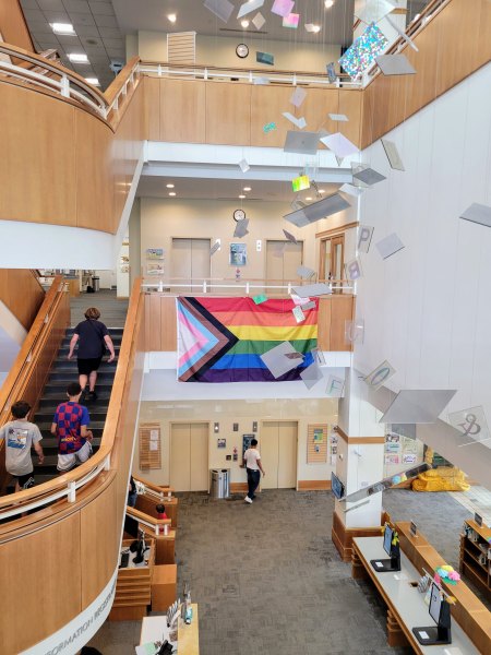 LGBTQ+ flag in library lobby 