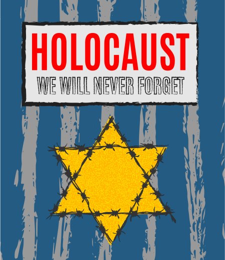 Holocaust We Will never forget poster - yellow star on blue background
