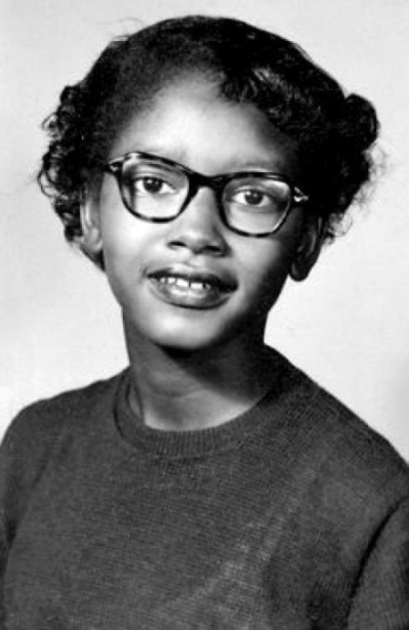 B/W photo of Claudette Colvin, who  shares a similar story to Rosa Parks. At just 15 years old, she refused to give up her seat on a Montgomery bus in 1955 and later became a key plaintiff in the court case that helped end bus segregation