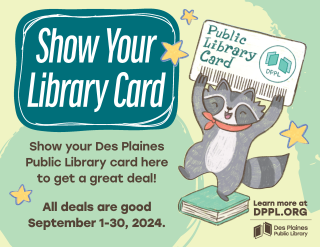 Rocky Raccoon mascot holding a library card with a message to show your library card and save at local businesses through September 30th. 