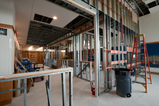 View of the framing of the staff space, media lab and two new study rooms in The Canvas, looking south (along the west side of the atrium) 