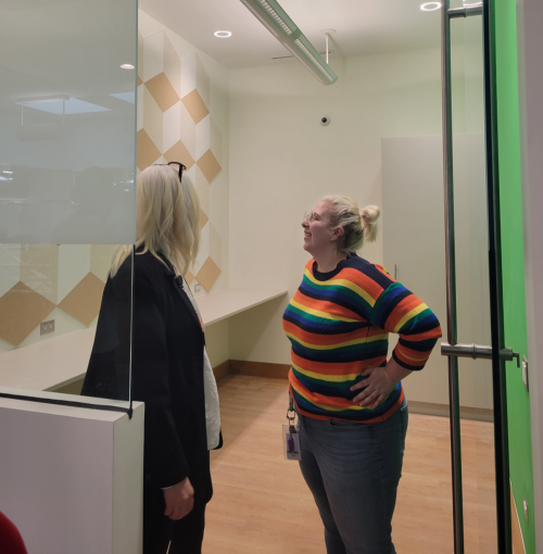 DPPL Head of Adult Services Joanie Sebastian (left) and The Canvas Creative Space Coordinator Sarah Szeszol discussing plans for the Media Lab. 