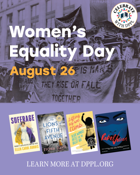 Women's Equality Day August 26th graphic featuring book titles.