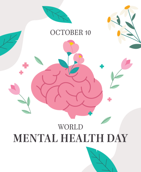 World Mental Health Day October 10 promo image featuring brain and flowers. 