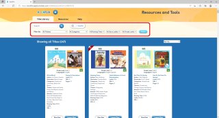 The image shows how to search for books based on Lexile level, grade, themes, and categories. 