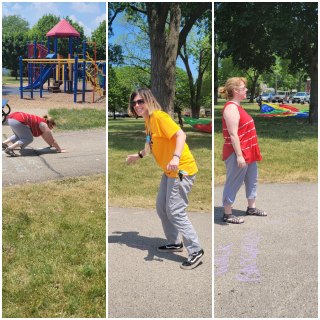 Miss Becky and Stephanie G acting out the different obstacles.