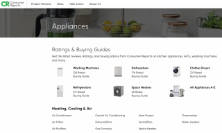 Screen Shot of the Consumer Reports Interface with buying guides and appliances